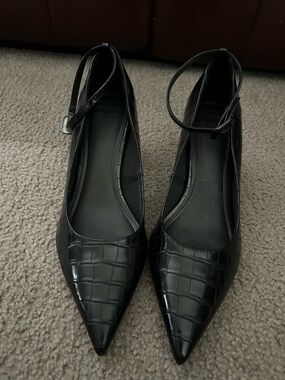 ASOS Black Croc-Embossed Pointed Toe Ankle Strap heels.